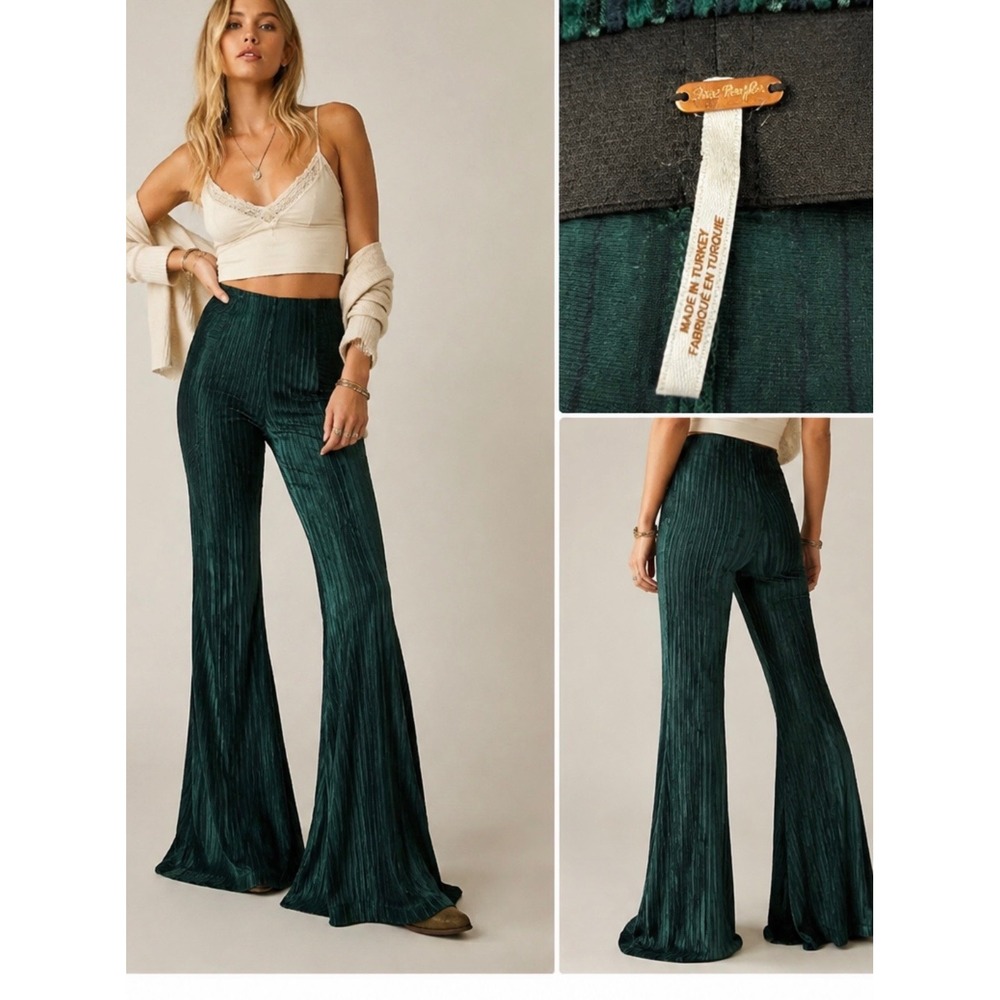 Free People Slim Pull-On Velvet Flare Pants Green Pleated Bell Bottoms High Rise